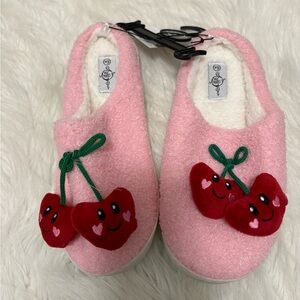 Sole Mates Pink Fuzzy Slippers with Red Heart Cherry Accents